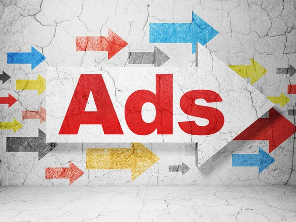 Reklamkoncept: pil med annonser på grunge vägg bakgrund — Stockfoto