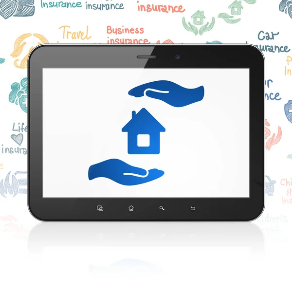 Koncepcja ubezpieczeń: komputer typu Tablet z domu i Palm na wyświetlaczu — Zdjęcie stockowe