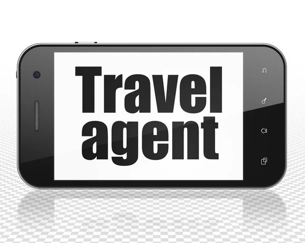 Tourismuskonzept: Smartphone mit Reisebüro im Schaufenster — Stockfoto