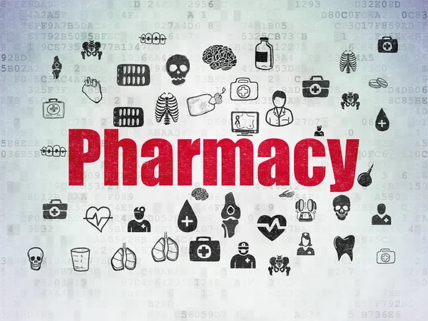 Concepto sanitario: Farmacia en el fondo del documento de datos digitales — Foto de Stock