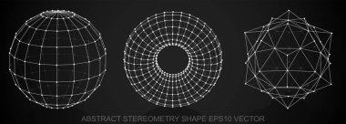 Soyut stereometry şekil kümesi: Küre, Torus, Octahedron kabataslak. El 3d poligonal nesneler çekilmiş. EPS 10, vektör.