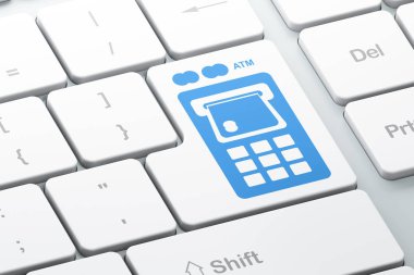 Para birimi kavramı: Atm makine bilgisayar klavye arka plan üzerinde