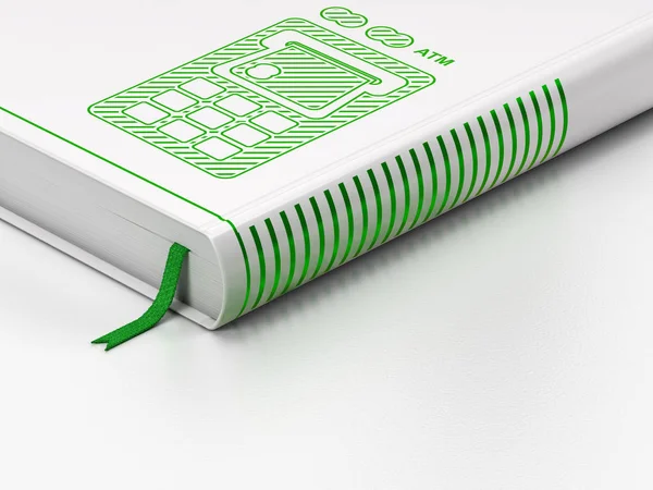 Concept de devise : livre fermé, distributeur automatique de billets sur fond blanc — Photo