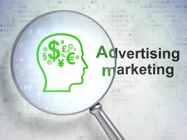 Marketing concept: hoofd met symbool van de financiën en Marketing reclame met optisch glas — Stockfoto