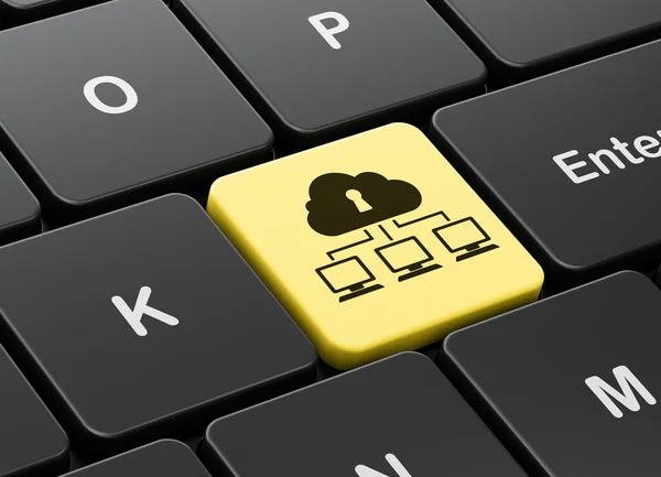Concepto de computación en nube: Red en la nube en el fondo del teclado del ordenador —  Fotos de Stock