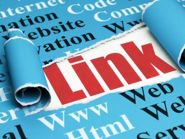 Web geliştirme kavramı: kırmızı metin bağlantı yırtık kağıt altında
