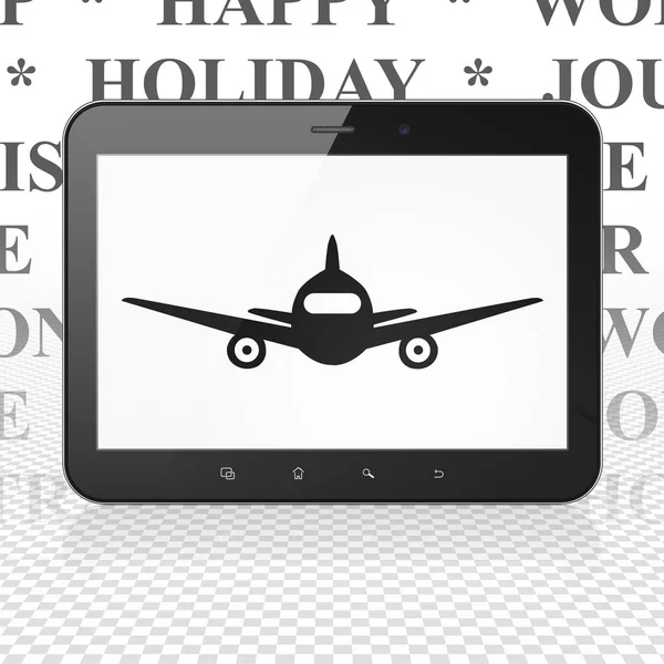 Concepto de viaje: Tablet Computer con aviones en exhibición — Foto de Stock