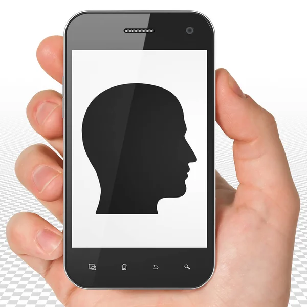 Werbekonzept: Smartphone mit Kopf in der Hand — Stockfoto