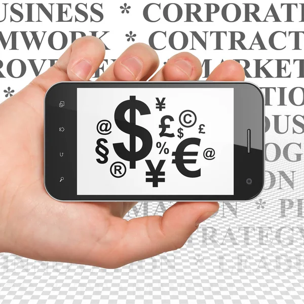 Affärsidé: Hand hålla Smartphone med Finance-symbolen på displayen — Stockfoto