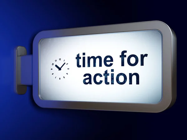 Koncept času: čas na akci a hodiny na pozadí billboard — Stock fotografie