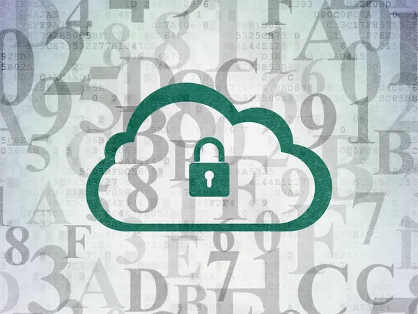 Návrh technologie cloud: Cloud s visacím zámkem na digitálních dat. papír na pozadí — Stock fotografie