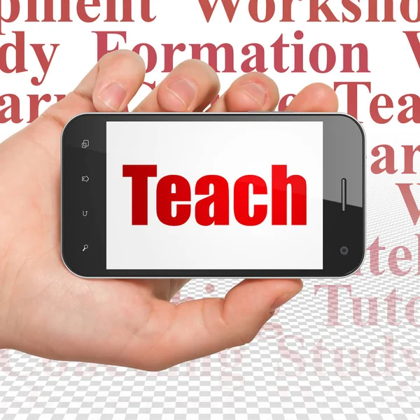 Learning concept: Hand Holding Smartphone with Teach on display — Stock Photo, Image