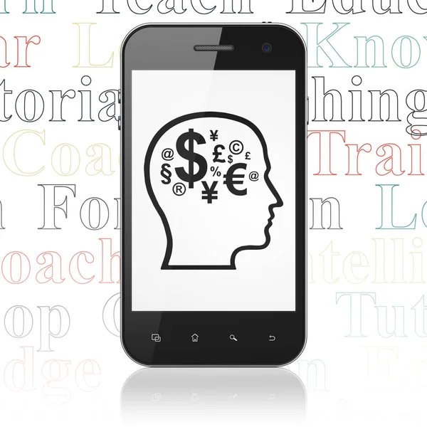 Concepto de aprendizaje: Smartphone con cabeza con símbolo de finanzas en pantalla — Foto de Stock