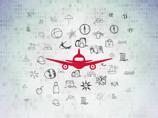 Nyaralás koncepció: repülőgép a digitális adatok papír háttér — Stock Fotó