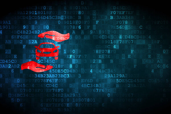 Концепция страхования: автомобиль и ладонь на цифровом фоне
