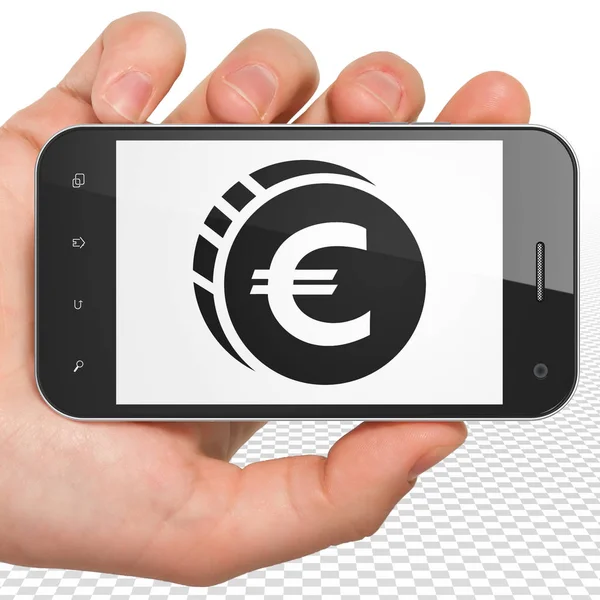 Bankovní koncepce: ruka držící Smartphone s Euro mince na displeji — Stock fotografie