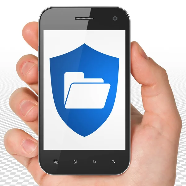 Business concept: Hand Holding Smartphone with Folder With Shield on display — Stock Photo, Image