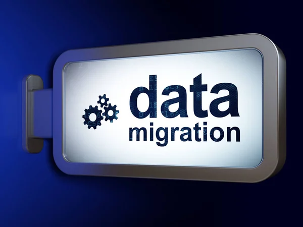 Concetto di informazione: migrazione dei dati e ingranaggi su sfondo cartellone — Foto Stock