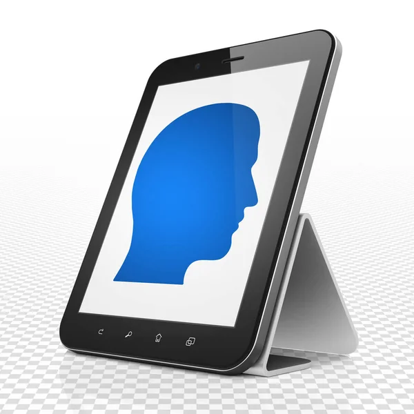Informace koncept: tabletový počítač s hlavou na displeji — Stock fotografie