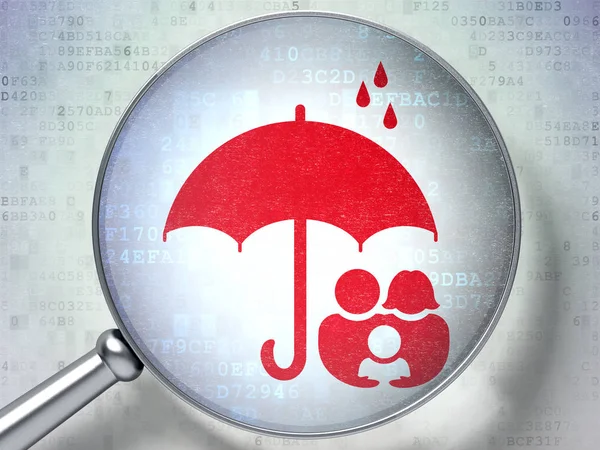 Concepto de seguridad: Familia y paraguas con vidrio óptico sobre fondo digital — Foto de Stock