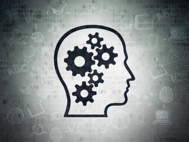 Kavram öğrenme: kafa ile vites dijital veri kağıt arka plan üzerinde