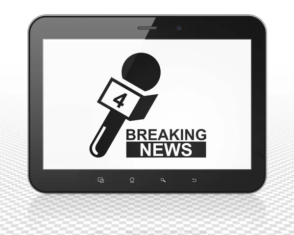 Nieuws-concept: Tablet Pc-Computer met Breaking News en microfoon op display — Stockfoto