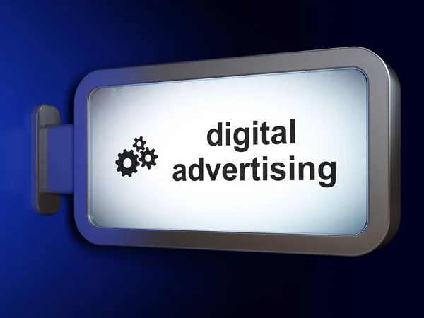 Concepto publicitario: Publicidad digital y engranajes en fondo de valla publicitaria — Foto de Stock
