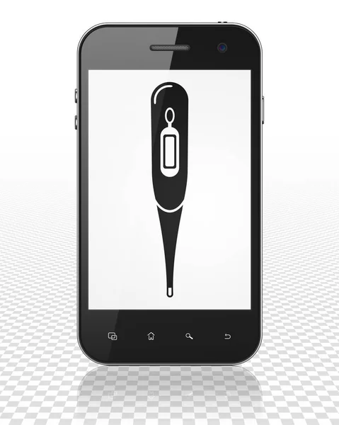 Концепция здоровья: Смартфон с термометром на дисплее — стоковое фото