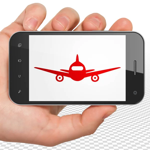 Concept de voyage : Smartphone à main avec avion exposé — Photo