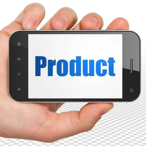 营销理念︰ 与展示的产品，手拿着智能手机 — 图库照片