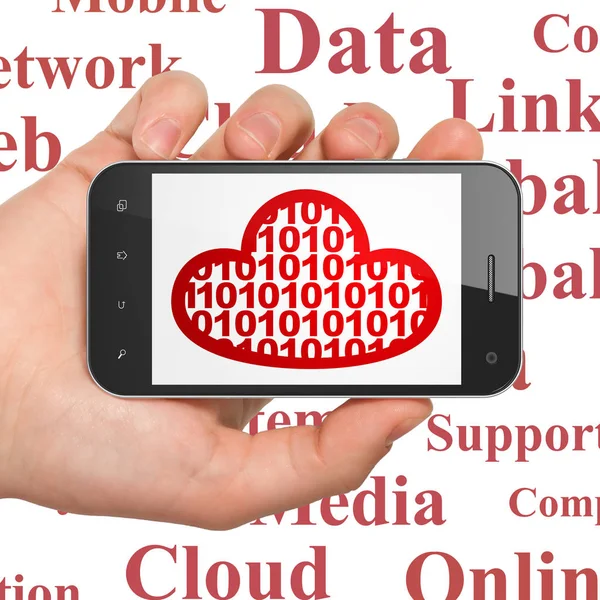 Cloud computing concept: Hand Holding Smartphone with Cloud With Code on display — Stock Photo, Image