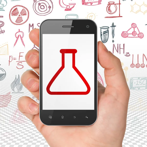 Concepto científico: Smartphone de mano con frasco en pantalla —  Fotos de Stock