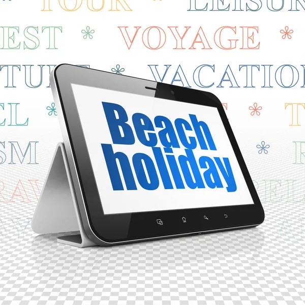 Concepto de turismo: Tablet Computer con vacaciones en la playa en exhibición — Foto de Stock