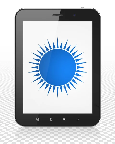 Pojęcie turystyki: komputer typu Tablet Pc z Sun na wyświetlaczu — Zdjęcie stockowe