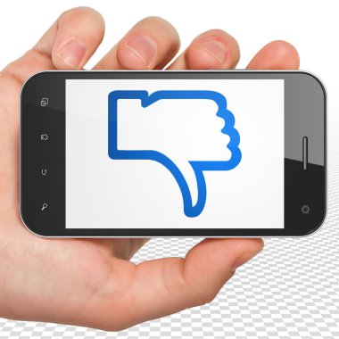 Sosyal ağ kavramı: el Smartphone ile başparmak aşağı ekranda Holding