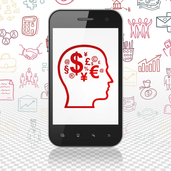 Concetto di finanza: Smartphone con Head With Finance Symbol in mostra — Foto Stock