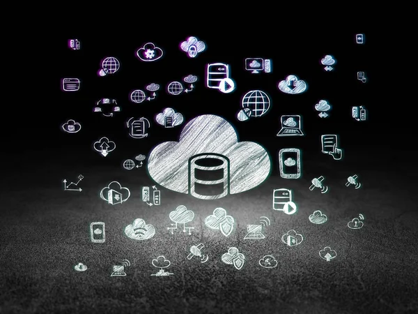 Návrh technologie cloud: databáze s Cloud v temné místnosti grunge — Stock fotografie