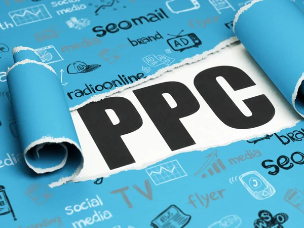 Reklamkoncept: svart text Ppc under sönderrivet papper — Stockfoto