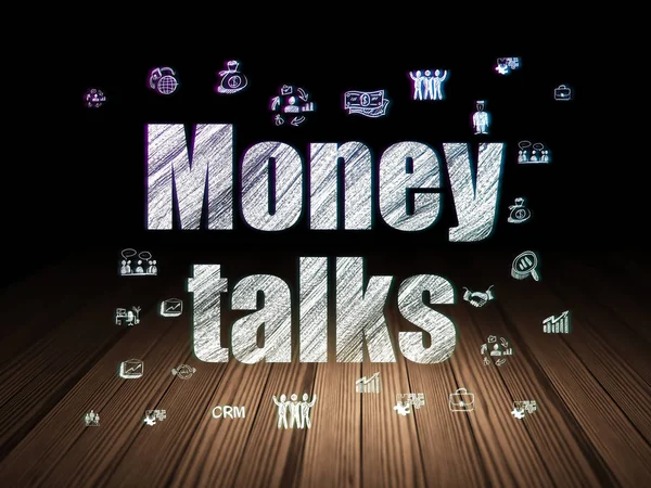 Financiën concept: de besprekingen van het geld in de donkere kamer grunge — Stockfoto