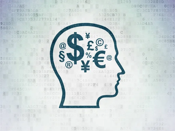 Ekonomi kavramı: kafa ile finans sembolü dijital veri kağıt arka plan — Stok fotoğraf