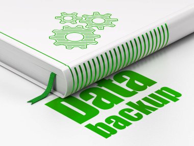 Bilgi kavramı: Dişliler, beyaz arka plan üzerinde veri yedekleme kitap