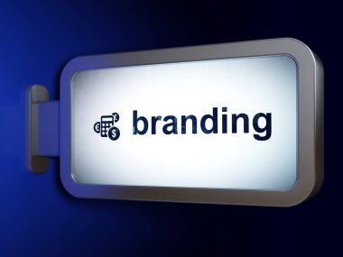 Reklam kavramı: marka ve billboard arka plan üzerinde hesap makinesi