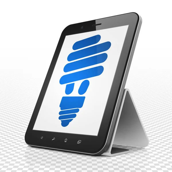 Bedrijfsconcept: Tablet PC met energie opgeslagen Lamp op display — Stockfoto