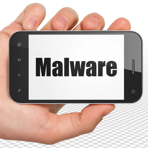 Koncepcja bezpieczeństwa: rękę trzymając smartfon z Malware na wyświetlaczu — Zdjęcie stockowe