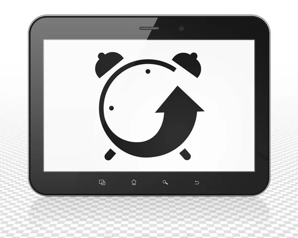Koncepcja Timeline: komputer typu Tablet Pc z budzik na wyświetlaczu — Zdjęcie stockowe