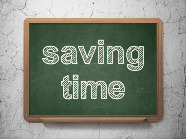 Time concept: text Saving Time on Green chalkboard on grunge wall background, 3D rendering