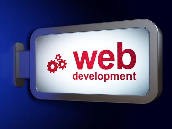 Konsep pengembangan web: Pengembangan Web dan Gear pada latar belakang billboard — Stok Foto