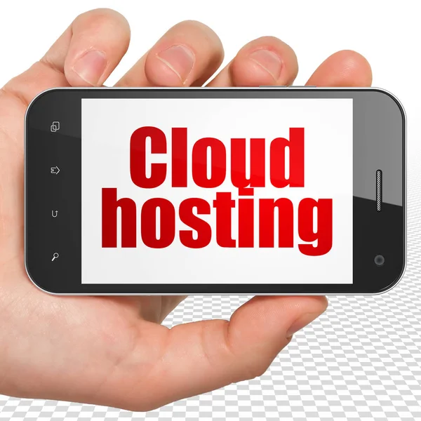 Ağ kavramı bulut: Cloud Hosting ekranda ile el Holding Smartphone — Stok fotoğraf