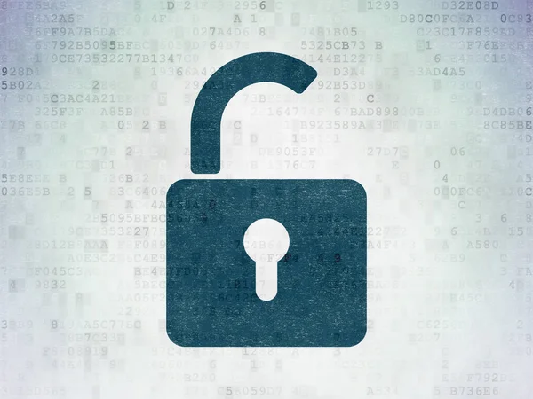 Sicherheitskonzept: geöffnetes Vorhängeschloss auf digitalem Datenpapier-Hintergrund — Stockfoto