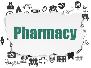 Tıp kavramı: eczane yırtılmış kağıt arka plan üzerinde